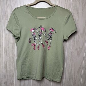 Green Graphic Tee with Dancing Cowboy Skeletons Pink Accents Size Small